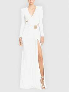 Women's Elegant Long Sleeve Hollow Cross V-Neck Side High Slit Fitted Dress With Invisible Zipper Back, Long Evening Gown For Party,Cocktail