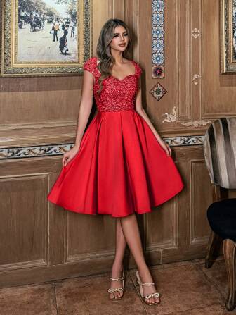  Vestido de noche de satén con escote de corazón, mangas cortas y detalles con cuentas, de lujo (Faeriesty)