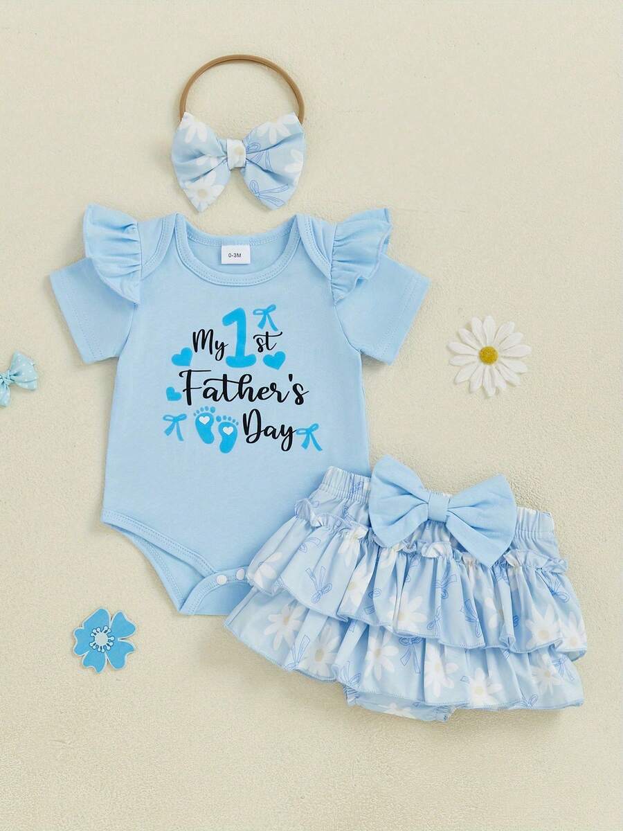 Conjunto de 3 piezas para bebé niña, con estampado de letras, cuello redondo, manga corta, mono, cintura elástica, pantalones cortos, diadema - Azul - Ver 1