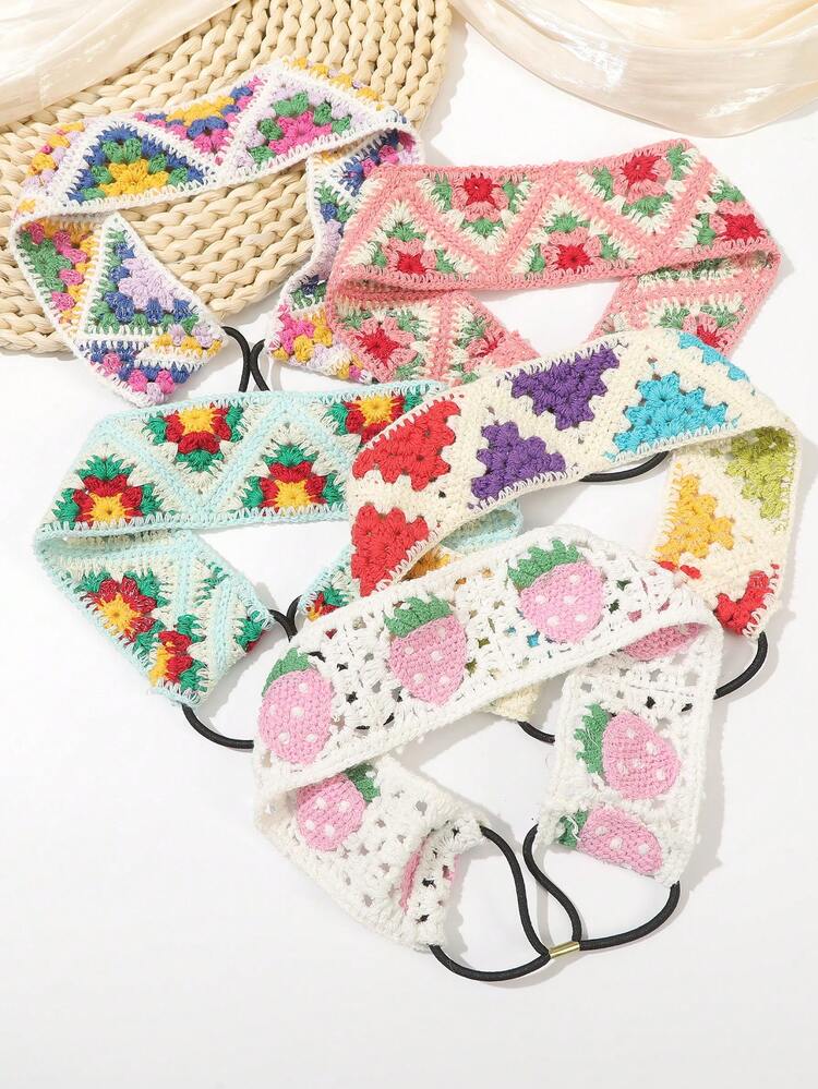 1pc Bohemian Knitted Flower & Square Shape Multicolor Half Elastic Hair Band For Girls' Hair Accessories Boho,School Headband Turban Headband Sweatband, Hairband Fall Winter For Vacation Outfits Woman Elegant Scarf Women Bandanas Soft Headwrap Summer,Holiday,Travel - Multicolor - View 9