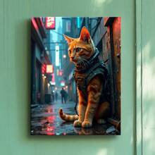 1pc Framed Canvas Poster, Orange Cat, Tactical Vest, Cyberpunk-Style Wall Art Canvas Paintings, Ideal Gift For Bedroom Living Room Corridor, Wall Art, Wall Decor, Room Decoration - Multicolor - View 2