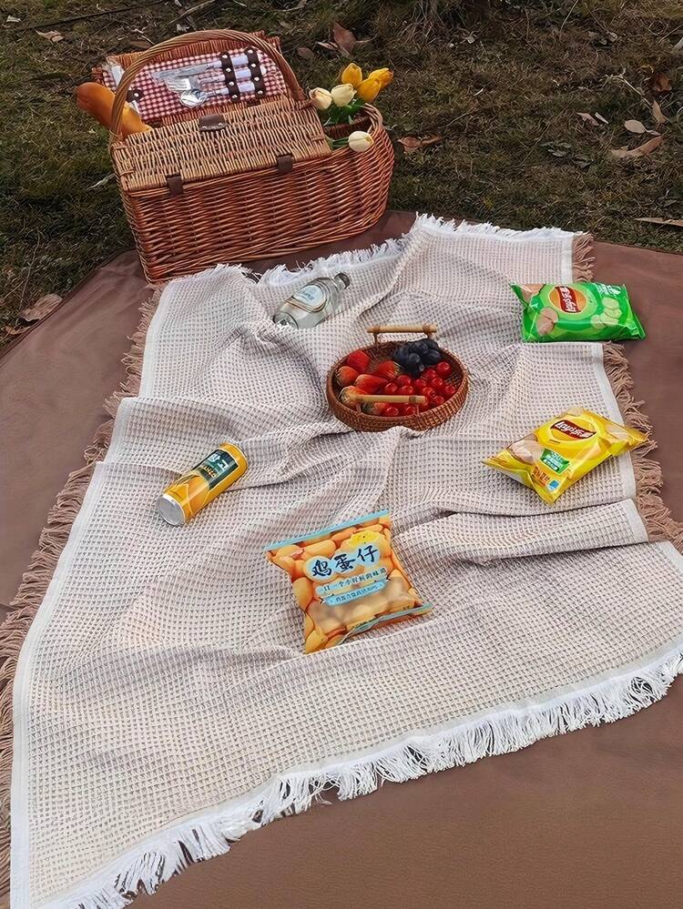 [Nueva llegada de primavera] Manta de camping con diseño estilo Ins | Almohadilla portátil cálida para picnic al aire libre | Manta para sofá o cama del hogar como telón de fondo - Café blanco - Añade 4