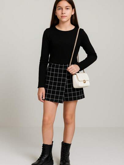 Look Estiloso e Moderno para Pré-Adolescente | Exclusivo conjunto blusa manga cumprida mais shorts saia xadrez|Festa Junina