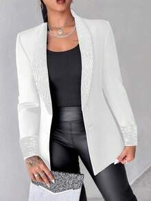 女士优雅亮片披肩领西装外套，纯色涤纶长袖常规版型夹克，四季梭织外套，撞色饰边 - 白色 - 查看 2