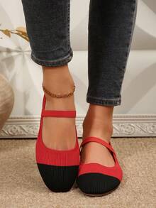 2025 Autumn Women Casual Soft Sole Square Toe Elastic Band Patchwork Flat Shoes, Suitable For Indoor And Outdoor Wear - Black and Red - View 6