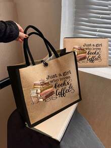 Yellow And Black Edged Linen Two Pieces Set With "Just A Girl Who Loves" Lettering Color Printing Pattern, Coffee And Book Pattern Design, Women's Fashionable Canvas Handbag With Button Thick Linen Bag, Multi-Functional Shopping Bag, Thank You Gift, Innovative Design, Large Capacity, Personalized Gift For Wedding Anniversary And Friend's Birthday, Suitable For Vacation, Daily Life, Going Out, Supermarket Shopping - Multicolor - View 2