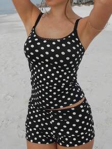 Women's Y2K Summer 2 Piece Cami Pajama Set Dot Print/Stripe Sleeveless Pjs Tank Tops And Shorts Sets Camisole Lounge Set Sleepwear - 黑色 - 查看 7