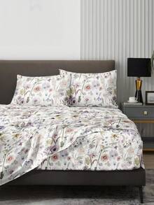 4pcs Garden Plant Flower Pattern Sheet Set Easy Care Microfiber Soft Bedding Set Fitted Sheet Set (1pc Flat Sheet+1pc Fitted Sheet+2pcs Pillowcases) Fitted Sheet Set King Queen Full TWIN SIZE Sheet Deep Pocket Up To 11.8 Inch Pillowcase, Soft Breathable Wrinkle-Free Better For Sleep, Luxury Hotel Style, Gift For Mom Dad Friend Domitory Bedding Back School - Multicolor - View 4