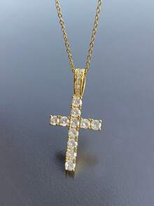 1pc Men Copper Inlaid Cubic Zirconia Cross Pendant Necklace, Versatile Daily Accessory - Yellow Gold - View 14