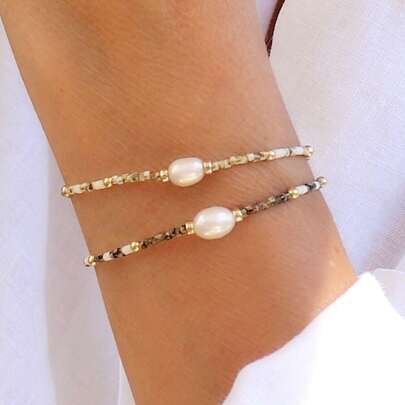 1/2 件/套 简约波西米亚风金色串珠黑色叶子隔珠珍珠弹力手链套装，女士夏季沙滩珍珠弹力手链，可叠戴时尚配饰，毕业礼物，同学礼物，朋友礼物，夏季沙滩礼物，女友礼物