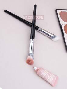 1pc Angled Stippling Blush Brush Diffusion Powder Liquid Makeup Stippling Blusher Brushes Angled Duo Fiber Goat Hair Beauty Tools - Black - View 7