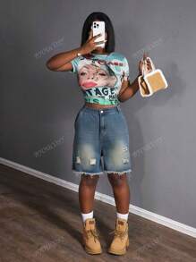 Pantaloncini in jeans larghi stracciati con vita elastica casual estivi da cowgirl, adatti per festival musicali