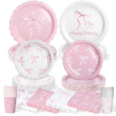 10/20/50/100pcs,Black Bow Plates And Napkins Cups Tableware Sets For Coquette Birthday Decorations, Black Birthday Party Supplies Bow Birthday Decorations