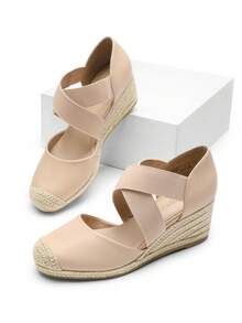 Women's Close Toe Espadrilles Platform Slip On Elastic  Cross Straps Dressy Wedges Sandals Matching Dress - Màu be - Xem 2
