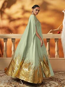 Váy dạ hội dài trang trọng lấy cảm hứng từ Kaftan xanh lá cây vàng với hạt cườm nặng và viền kim loại, váy dạ hội thanh lịch, kín đáo - Quả xanh - Xem 7