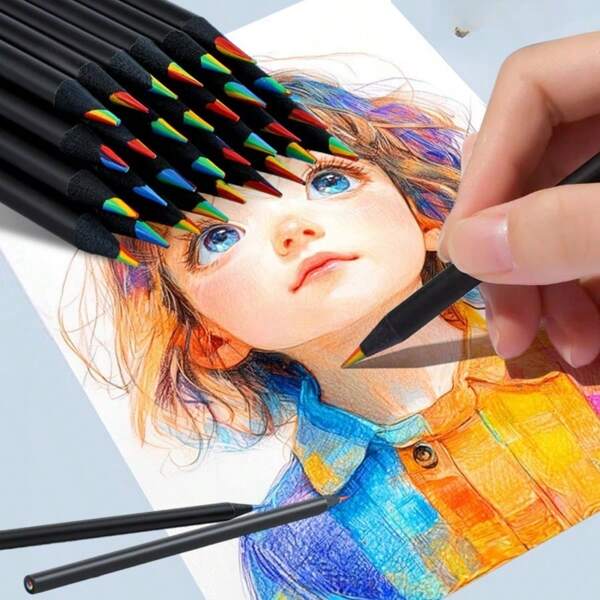 5 pezzi/10 pezzi Penna multicolore in legno nero con nucleo arcobaleno a 7 colori, matita a nucleo arcobaleno a 7 colori, per disegno creativo e graffiti dei bambini
