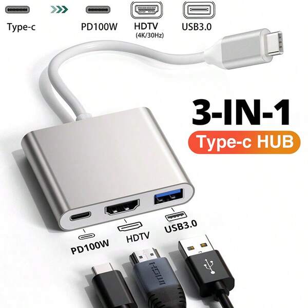 3in1 Hub Type C To HDTV Adapter 4K Output HDTV Adapter PD100W Type C Fast Charging USB 3.0 Data Transfer Converter