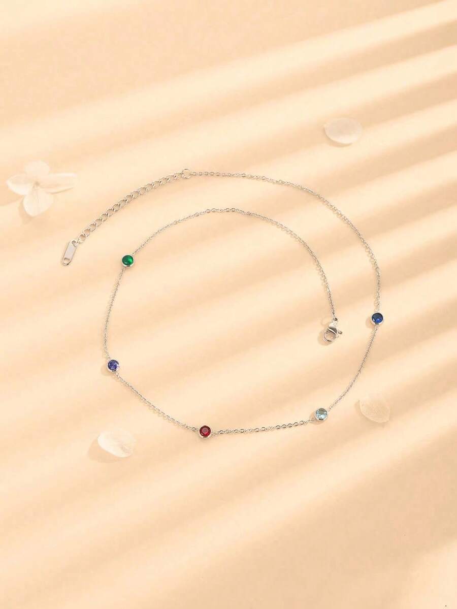 1pc Women's Minimalist Titanium Steel Peacock Blue Dainty Chain Necklace, Elegant Delicate Collarbone Necklace Gift - Steel - View 1