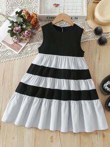 Tween Girls' Summer Contrast Color Patchwork Casual Dress - Black - View 1