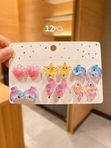 12 件可爱彩色夹式耳环，女孩无穿孔耳环配饰