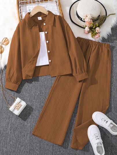 Left Mama 2 Pieces Girl's (Plus Size) Set - Long Sleeve Collared Shirt Top & Pants, New Style For Autumn