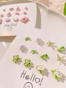 1 套桃花花卉粉色泰迪熊耳环 - 彩色 - 查看 5