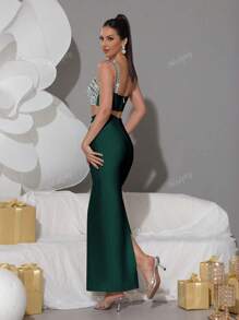 Modphy New Sparkly Rhinestone Strap Top + Long Skirt Sexy 2 Pieces Set, Elegant Ladies Party Holiday Outfit