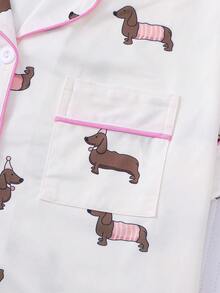 2pcs/Set Cute Dachshund Print Women Summer Pajama Set, Short Sleeve Collar Top And Loose Elastic Waist Shorts, Casual Sleepwear And Homewear Set For Women All Season, Spring