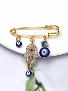 1pc Fashionable Blue Eye Decor Alloy Palm Pendant Brooch With Crystal Beads, Suitable For Men And Women Everyday Wear - Blue - View 2