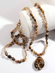 Bohemian Style Tree Of Life Pendant Necklace - Natural Tiger's Eye Stone, Handcrafted With Oval Amber, Golden Accents, Black And Brownish-Orange, For Men And Women Necklaces For Women Jewelry Women Accessories Women - Pendant Necklace - View 7