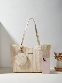2-Piece Set: Fashionable Straw Tote Bag & Shoulder Bag - Beige - View 4