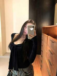 女士蝴蝶结长袖 T 恤，紧身罗纹针织 T 恤春季打底方领上衣 - 黑色 - 查看 7