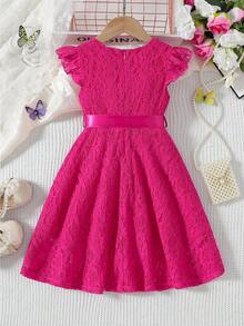coviviky Girls Ruffled Mini Dress With Short Cap Sleeves, Round Neck Solid Color Lace Dress With Belt, Sweet Cute Elegant For Parties, Weddings