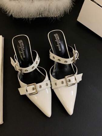 Fall/Winter 2025 Women's Fashion Pointed Toe Mule Slip-On High Heel Shoes With Dual Buckle Straps, White,Elegant,Women Pumps,Kitten Heels