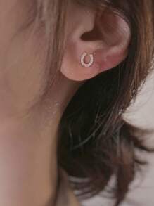 1 Pair Sparkling Horse Hoof U-Shape Stud Earrings, Fashionable, Luxurious, Elegant, Niche Design, Exquisite Earrings Suitable For Daily Wear, Gatherings, Parties