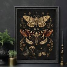 1 件，墙面艺术，复古海报，乡村植物蛾 | 深色学院风，忧郁花卉印花，深色乡村风格，哥特式花卉壁画，无框 - 彩色 - 查看 1