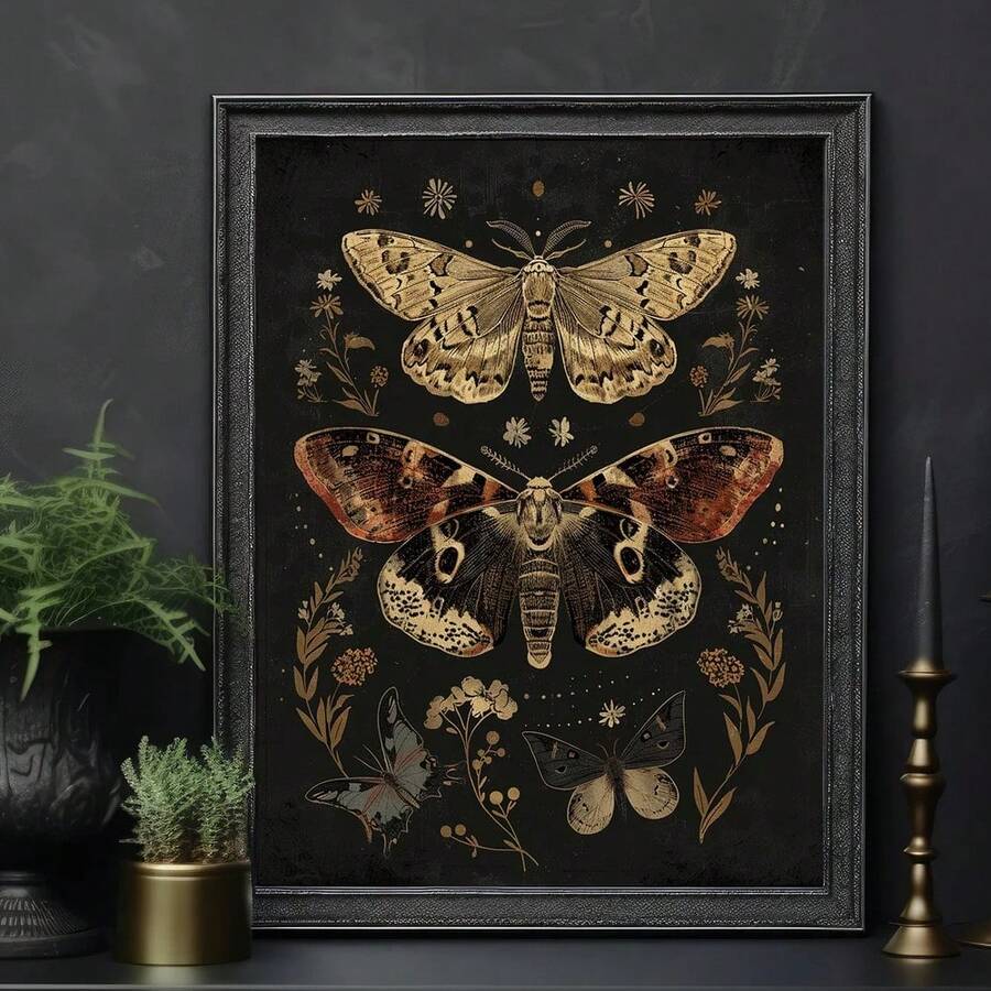 1 件,墙面艺术,复古海报,乡村植物蛾 | 深色学院风,忧郁花卉印花,深色乡村风格,哥特式花卉壁画,无框 - 彩色 - 查看 1