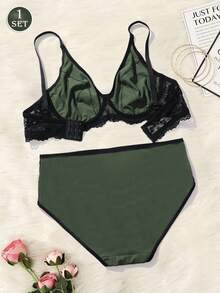 Women Plus Size Unlined Underwire Bra Set Contrast Color Olive Green Lingerie Set - Olive Green - View 4