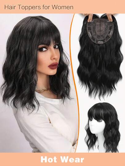 14inch Wavy Hair Topper For Women Black Hair Pieces For Women With Thinning Hair Synthetic Clip In Hair Topper Wiglets With Fringe Bang Add Hair Volume