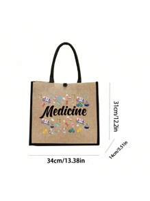 Conjunto de duas peças de linho com bordas amarelas e pretas, com as letras "Med" e estampas coloridas de suprimentos médicos, apresentando um design de nicho de bolsa de lona feminina da moda, bolsa de linho grosso com botões da moda, sacola de compras multifuncional, presente de agradecimento, design inovador, grande capacidade, presente personalizado para aniversários de casamento e de amigos, adequado para férias, vida cotidiana, passeios e compras de supermercado.