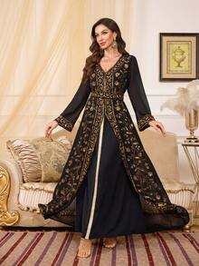 女士长袖串珠二合一长袍 - 黑色 - 查看 5