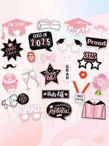 24pcs/Set 2025 Pink Graduation Party Photo Booth Props, For Funny Graduation Photo Shoot - Pink - View 1