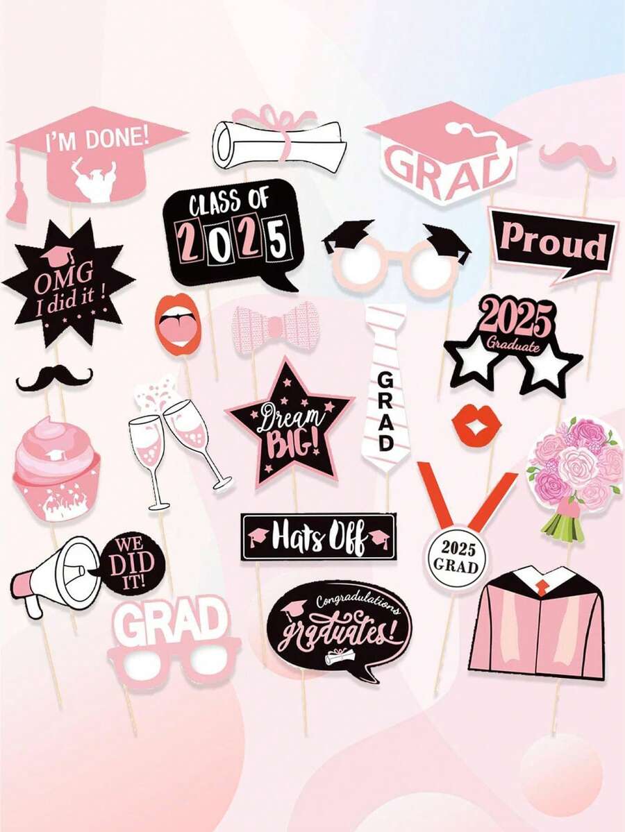 24pcs/Set 2025 Pink Graduation Party Photo Booth Props, For Funny Graduation Photo Shoot - Pink - View 1