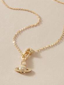 1入組維維安滿鑽土星胸針吊墜項鍊，高端時尚匹配華麗頸鍊 - 金黃色 - 查看 8