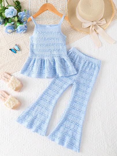 2 件女童休闲纯色舒适柔软针织面料随机剪裁吊带背心 + 随机剪裁喇叭裤户外套装，春夏
