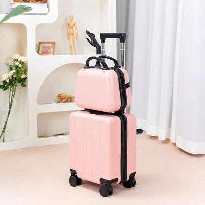 2pcs 14-Inch Striped Carry-On Luggage With Scarf, Lightweight & Durable Personal Suitcase With 360° Swivel Wheels, Fashionable Travel Essential