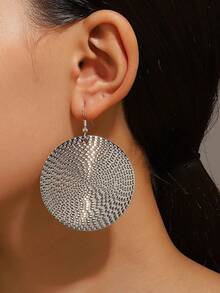 1pair Fashionable Simple Exaggerated Large Round Disc Hoop Earrings - Silver - View 8