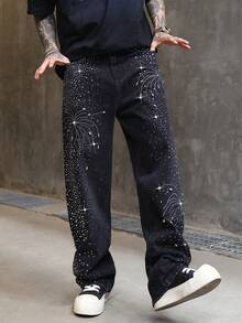 leev Rhinestone Studded Sparkling Glowing Jeans, Washed Denim Fashion Pants, Suitable As Gift For Festivals - Black - View 5