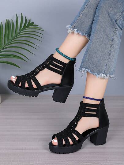 1 Pair Fashion Fancy Roman Style Chunky Mid-High Heel Sandals, Teenage Girls, Zip Back, Hollow-Out Design, Suitable For Outdoor, Commute, Dance Party, Beach