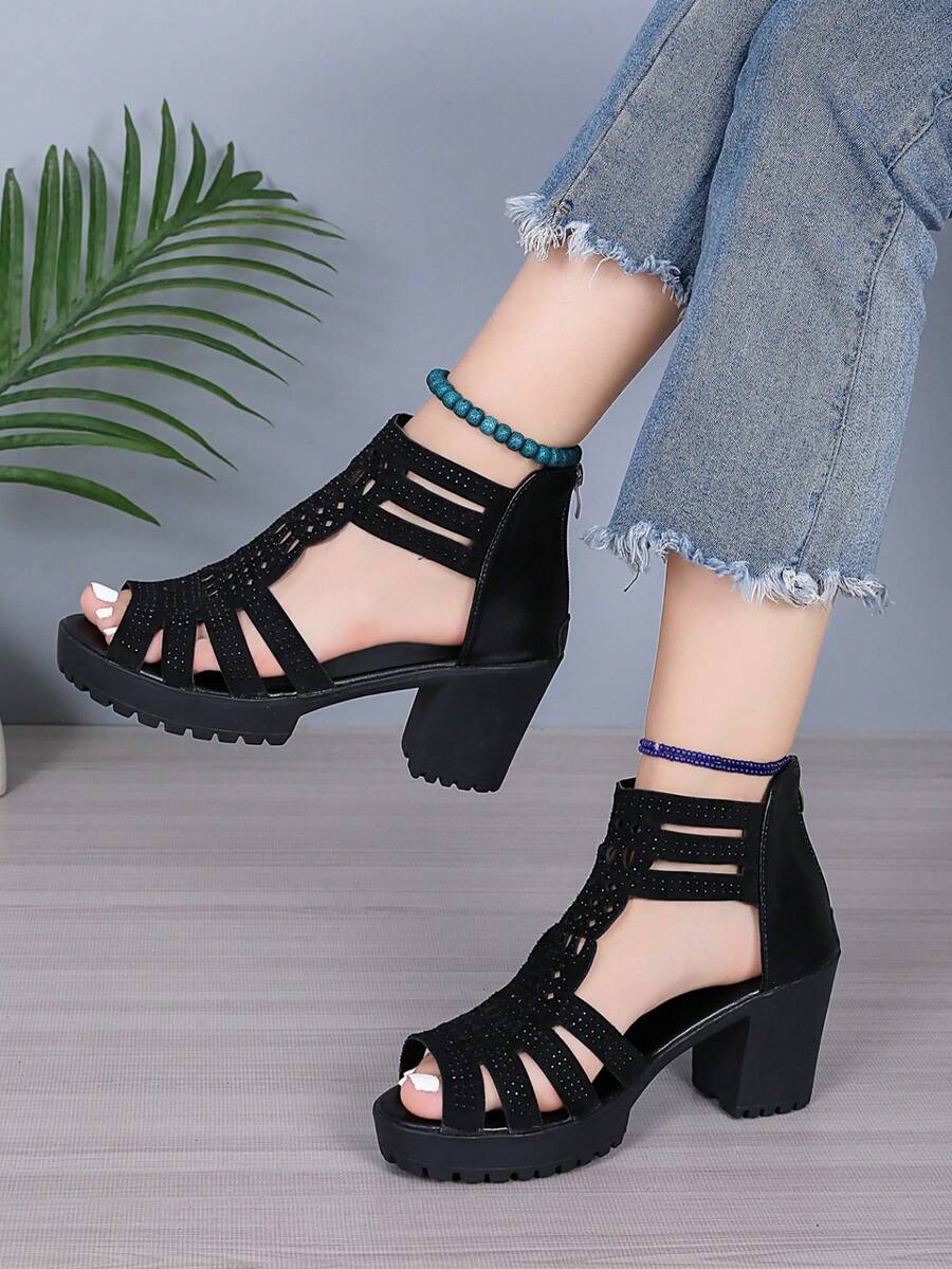 1 Pair Fashion Roman Style Teenager Mid-High Heel Sandals, Zipper Back Hollow Toe Design, Suitable For Outdoor, Commuting, Dance, Party, Beach, Size Runs Small, Suggest Ordering 1/2 Size Up - Black - View 1